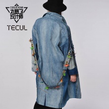 TECUL太酷了设计师节目同款 2018秋新款 牛仔风衣 中长款休闲外套
